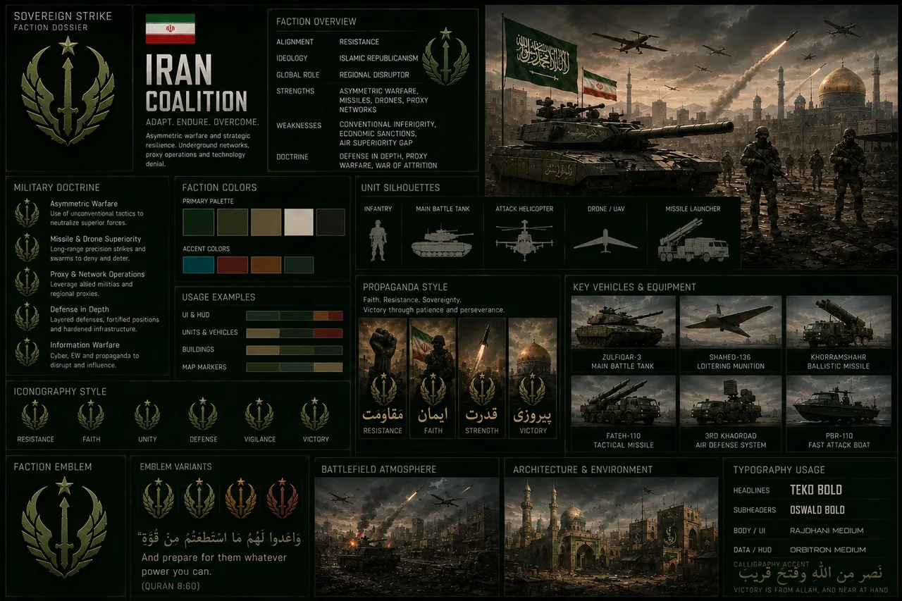 Iran Coalition faction dossier — overview, doctrine, vehicles, propaganda, iconography, atmosphere